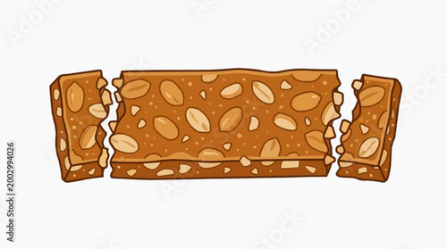 An appetizing peanut brittle broken into three pieces. A detailed illustration of a confectionery product with brown color with nuts.