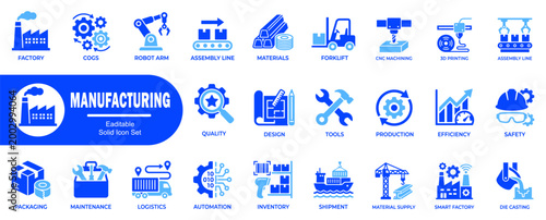 Manufacturing editable solid icons set.  includes factory, cogs, robot, arm, assembly, line, materials, forklift, cnc, machining and 3d printing icons.