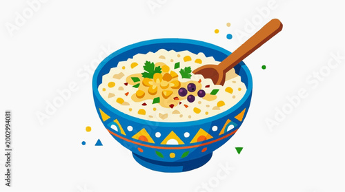 A vibrant illustration of a nourishing, beautifully presented oatmeal bowl with a wooden spoon, garnished with herbs and other ingredients, representing the epitome of a wholesome meal.