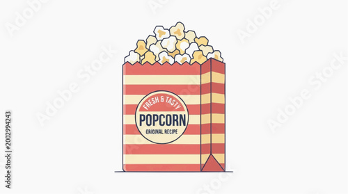 A delightful popcorn treat, ready for a movie night! An illustrated paper bag overflowing with delicious, fluffy popcorn. The vibrant colors and clean lines highlight the tasty snack.