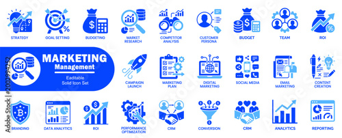 Marketing management solid icons set. Includes strategy, goal setting, budgeting, market, research, competitor, analysis and customer persona.