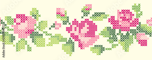Fotografía Vintage Cross Stitch Floral Border Seamless Pattern Rose Embroidery Cottagecore