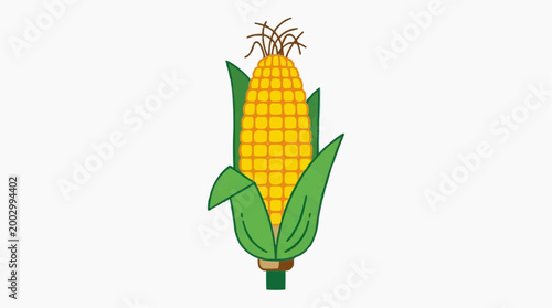 A fresh, vibrant, and artistic illustration of a single ear of corn, with its bright yellow kernels encased in green husks, representing the essence of natural growth. 