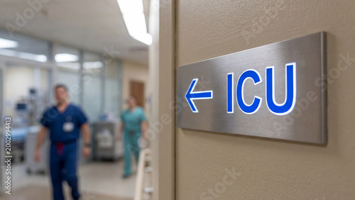 ICU intensive care unit directional sign mounted in hospital corridor guiding patients and medical staff toward critical care facility for emergency clinical treatment and life support management