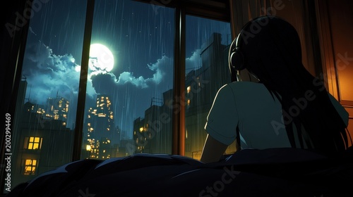 Woman looking out window at rainy night cityscape with full moon and glowing lights