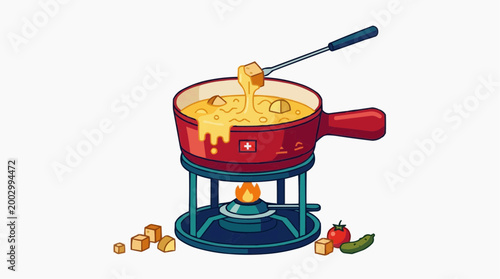 A cartoon illustration depicts a vibrant cheese fondue set, inviting viewers to savor the rich, melted cheese and accompaniments.