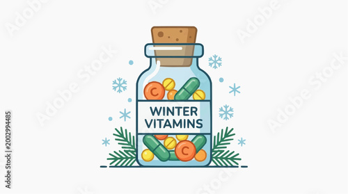 A whimsical depiction of a glass bottle filled with winter vitamins, promoting health and wellness. Illustrated to capture the essence of a healthy season.