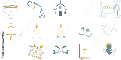 Foto Baptism and Religious Symbols Illustration: Baptismal Font, Church, Dove, Candle