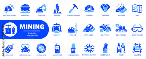 Comprehensive mining industry editable solid icon set. Featring resource extraction exploration and heavy machinery equipment collection.
