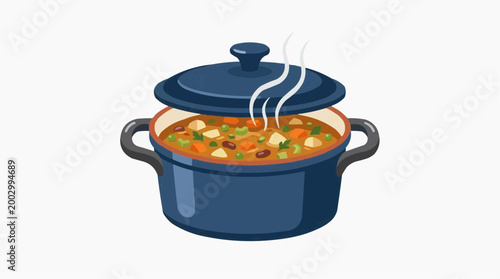 Steaming soup in a blue pot, evoking warmth and comfort, a photorealistic depiction of hearty cuisine ready to be served.