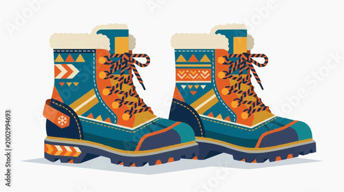 Vibrant pair of winter boots decorated with detailed patterns, suitable for winter outdoor activities, perfect for staying warm and stylish.