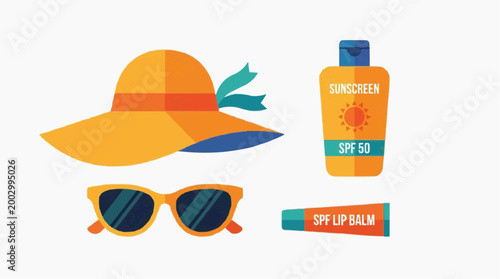 Essential summer accessories displayed: A wide-brimmed sun hat, sunglasses, sunscreen, and lip balm create a vibrant and inviting image, highlighting sun protection in the summer season.