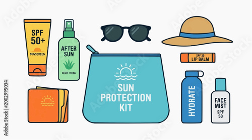 Embrace the sun safely with this essential sun protection kit, featuring an array of must-have items to safeguard your skin from harmful UV rays. Perfect for summer adventures and outdoor activities.