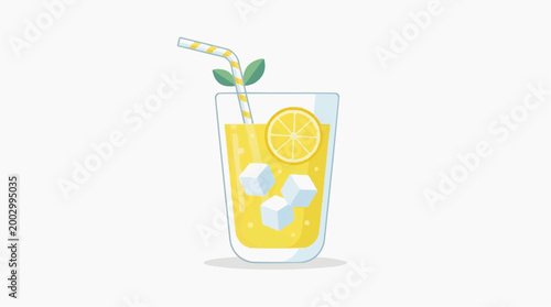 A refreshing glass of cold lemonade with a straw and ice cubes, a perfect drink for a hot summer day.
