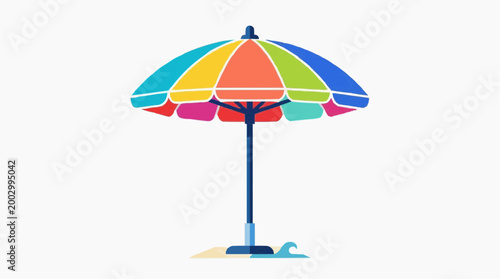 A vibrant rainbow beach umbrella stands sentinel against the sun, evoking a sense of calm. The perfect accessory for relaxation and leisure. 