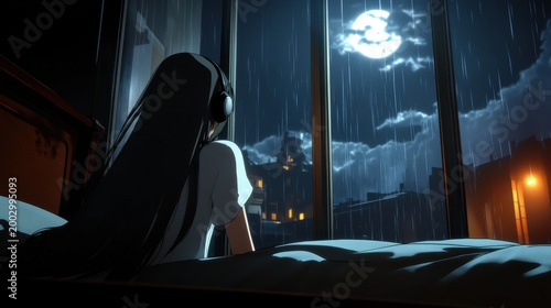 Woman in bed looking out window at rainy night sky with full moon and city lights
