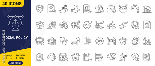 Vector line icons representing a diverse range of social policy concepts, including welfare, healthcare, community support, justice, and economic security programs