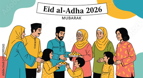 Muslim Family Sharing Food for Eid al-Adha 2026 Illustration with Parents and Children for Islamic Holiday Celebration Design