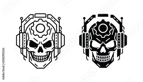 Cybernetic robotic skull with mechanical gears and headphones vector illustration for science fiction and futuristic technology branding