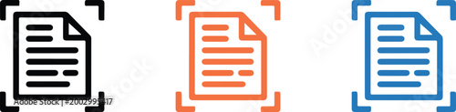 Document Scanner Vector Icon Set Featuring Paper Sheet and Focus Frame Symbols for Digital Archiving Mobile Scanning Apps and Office Information Management,