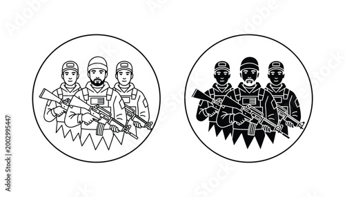 Group of armed soldiers in tactical gear circle emblem vector