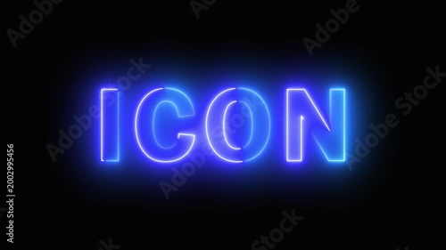 Glowing neon blue and purple 'ICON' text being drawn and revealed on a dark black background, branding element, digital symbol, social media content, or futuristic graphic display