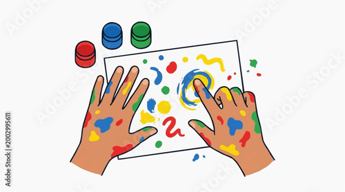 A child's hands covered in vibrant colors, playfully creating a masterpiece on a canvas. Colorful art supplies add to the scene's creative and joyful essence.