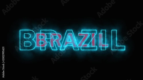 Glowing neon outline of the word BRAZIL with red fill and smoke effect on a black background appearing and disappearing, country name, national identity, travel, or global communication
[185]