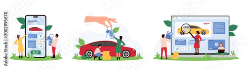 Buying or rental car set. Big hand giving key to tiny people, characters buy, check car with magnifying glass on laptop screen, choose auto vehicle offer on mobile app cartoon vector illustration