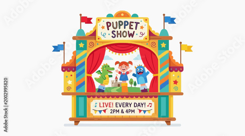 A vibrant and colorful puppet show stage set, featuring adorable puppets, flags, and decorative elements creating an immersive theatre experience. 