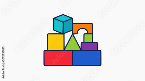 Colorful geometric toy blocks are meticulously arranged to form a captivating tower, embodying the essence of creativity and childhood play.