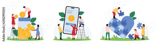 Charity, generosity and support of community, philanthropy set. Tiny people collect gold coins into glass jar, donate money with mobile app, make heart out of puzzle pieces cartoon vector illustration