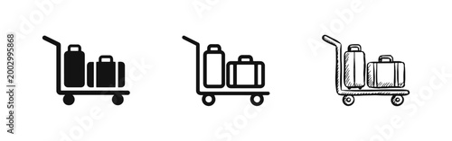 Luggage trolley icon set in solid, outline, and hand-drawn styles