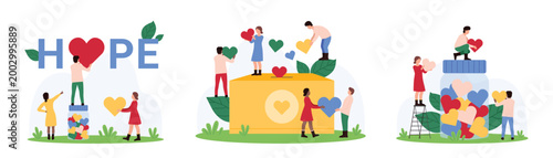 Charity, collection of donations by charitable organizations and volunteers set. Tiny people put red heart in word Hope, collect hearts gifts to donation box and glass jar cartoon vector illustration