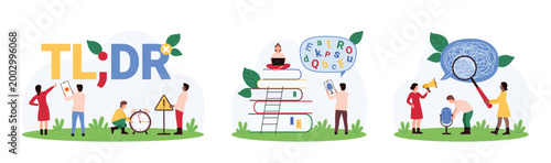 Difficulty in learning and communication, slang, education set. Tiny people and TLDR abbreviation, characters study chaos of letters and speech through magnifying glass cartoon vector illustration