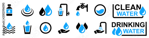 Vector set of water icons. Drinking water icon. Clean water. Editable Stroke. Tap water with glass, bottle and clean water sign symbol illustration.