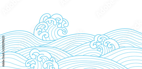 Japanese sea wave background vector. Blue wavy water lines pattern. Wallpaper design with blue and white ocean wave design backdrop. Modern luxury oriental illustration for cover, banner