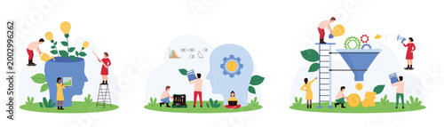 Development and monetization of creative ideas, machine learning set. Tiny people grow light bulbs in open human head, work with virtual assistant, make money using funnel cartoon vector illustration
