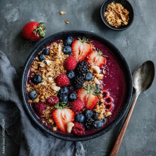 A smoothie bowl filled with berries and granola is on a table. A spoon rests nearby as breakfast is served