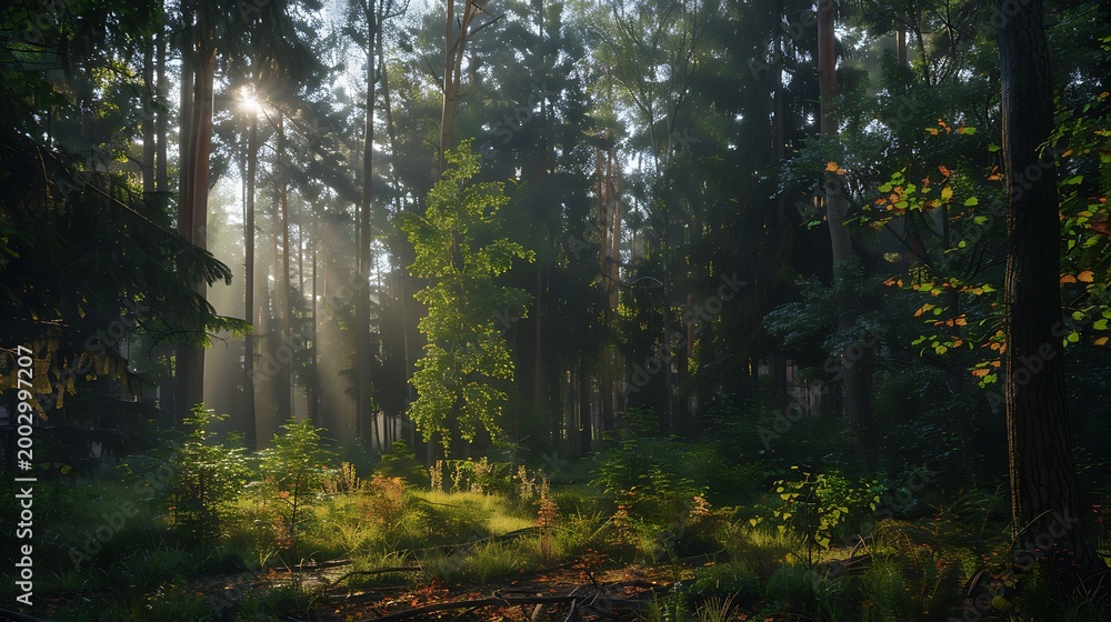 Obraz premium Dense forest pathway with tall pine trees and green undergrowth
