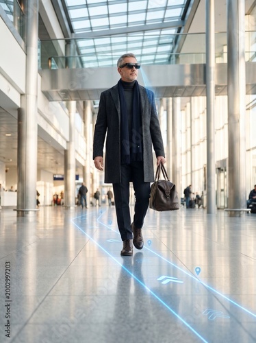 Mature Businessman Walking Through Modern Airport Terminal Using Augmented Reality Smart Glasses for Wayfinding Navigation