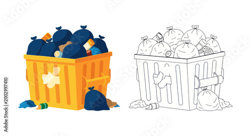 фотографія Overflowing Trash Bin with Garbage Bags and Scattered Debris