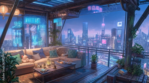 Cozy modern living room balcony overlooking futuristic neon city skyline at night