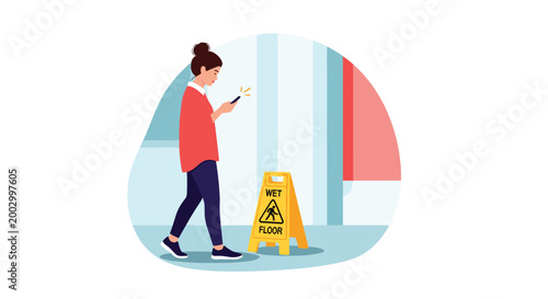 Distracted woman walks while using her smartphone and is about to encounter a yellow wet floor caution safety sign.