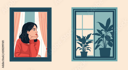 Thoughtful woman looks out from one window frame while green house plants are visible in an adjacent room window.
