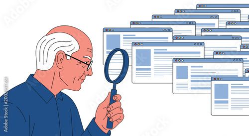 Elderly man with glasses uses a magnifying glass to inspect a series of floating digital web browser windows.
