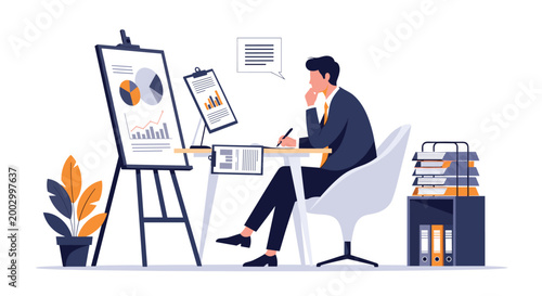 Focused businessman analyzes data charts on an easel and a clipboard while working at his desk in an office.