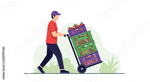 Professional delivery man in a red shirt and cap pushes a hand trolley loaded with several crates of fresh red apples.