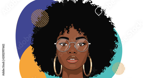 Close-up portrait of a stylish Black woman with a large afro hairstyle, circular glasses, and gold hoop earrings.