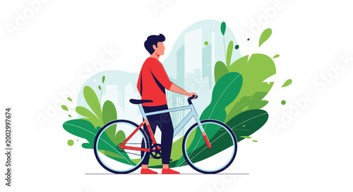 Young man standing with his bicycle against a stylized green nature and urban city background during a bright sunny day.